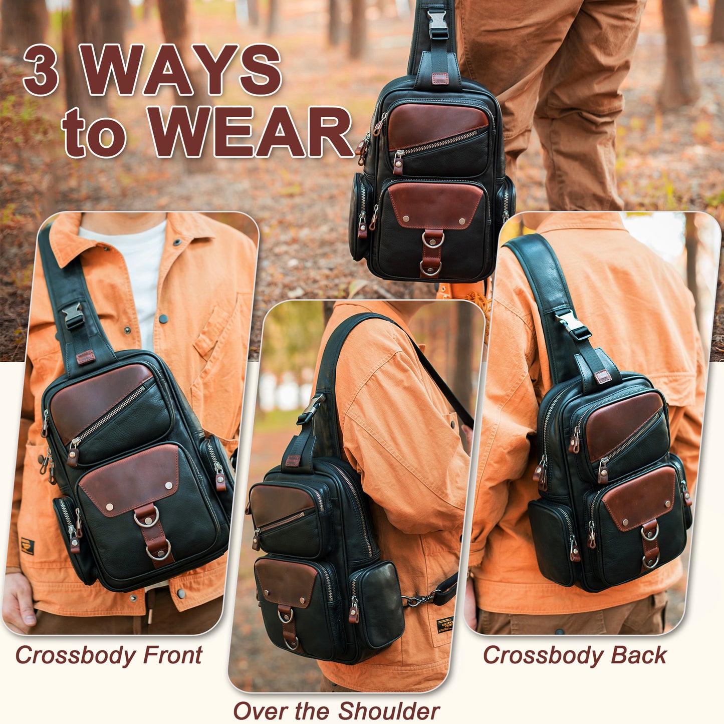 CENUNCO Genuine Leather Sling Bag for Men Large Crossbody Shoulder Bag Casual Sling Backpack Anti-Theft Travel Chest Purse - 30187