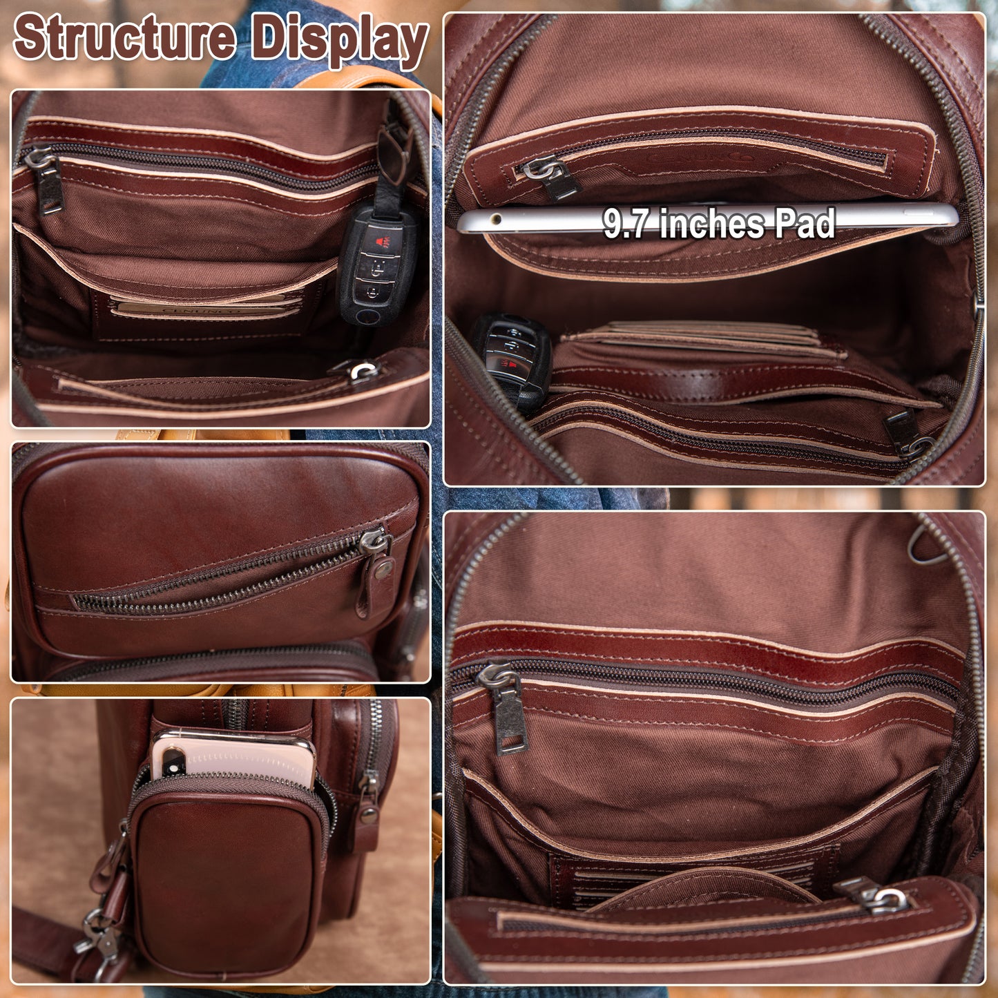 CENUNCO Genuine Leather Sling Bag for Men Large Crossbody Shoulder Bag Casual Sling Backpack Anti-Theft Travel Chest Purse - 30187