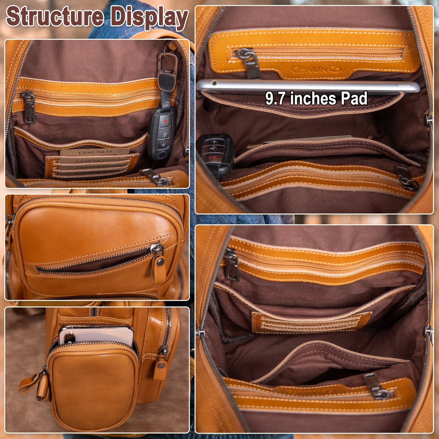 CENUNCO Genuine Leather Sling Bag for Men Large Crossbody Shoulder Bag Casual Sling Backpack Anti-Theft Travel Chest Purse - 30187