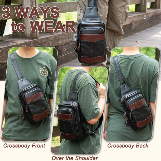 Genuine Leather Sling Bag for Men and Women Crossbody Shoulder Bag Side Sling Backpack Chest Purse Cross Body Casual Daypack - 30195