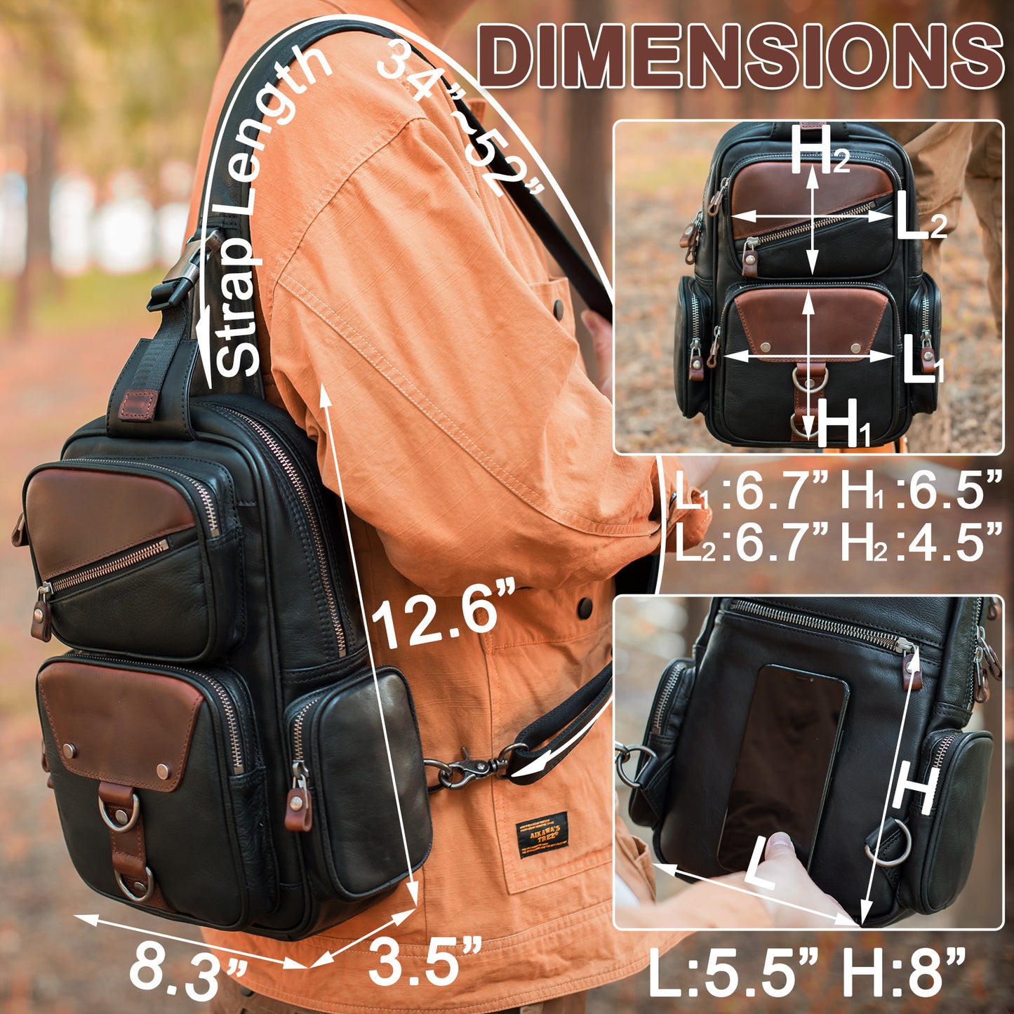 CENUNCO Genuine Leather Sling Bag for Men Large Crossbody Shoulder Bag Casual Sling Backpack Anti-Theft Travel Chest Purse - 30187