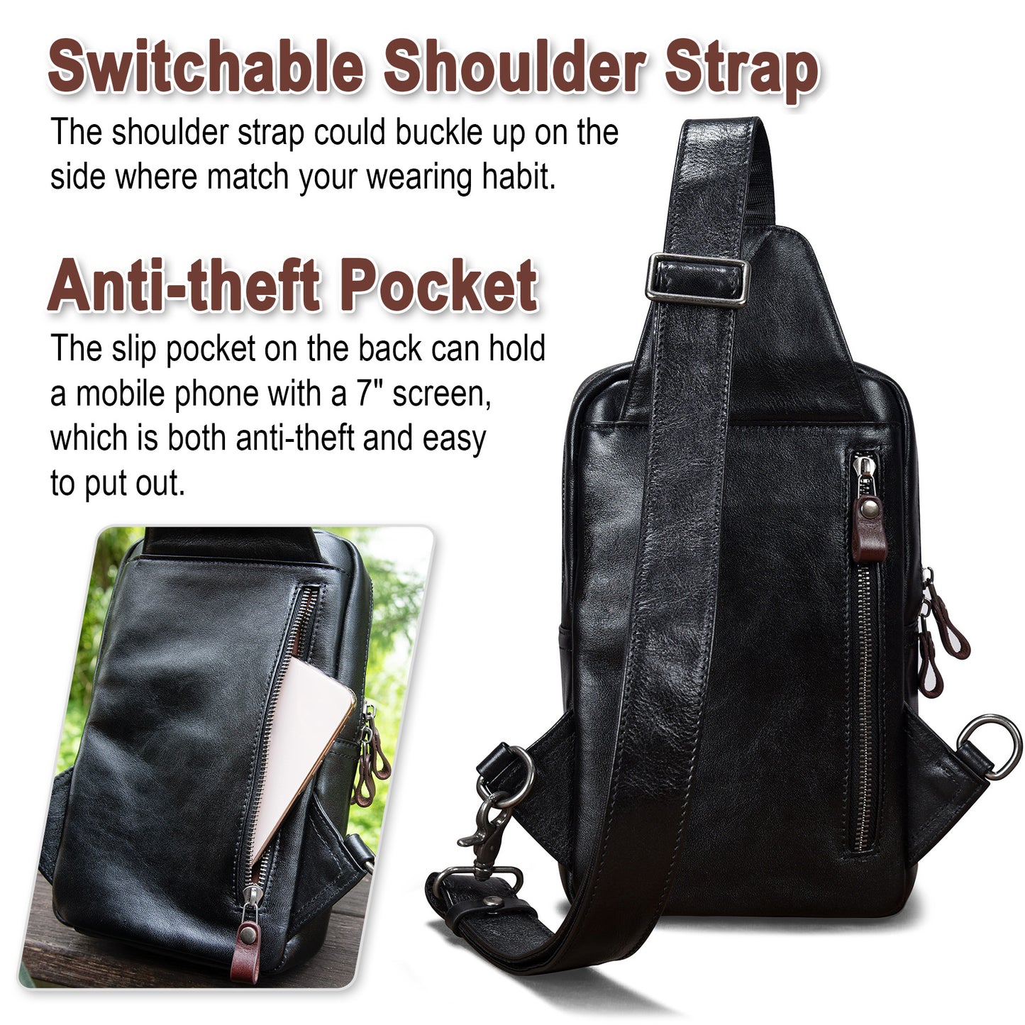 Genuine Leather Sling Bag for Men and Women Crossbody Shoulder Bag Side Sling Backpack Chest Purse Cross Body Casual Daypack - 30195