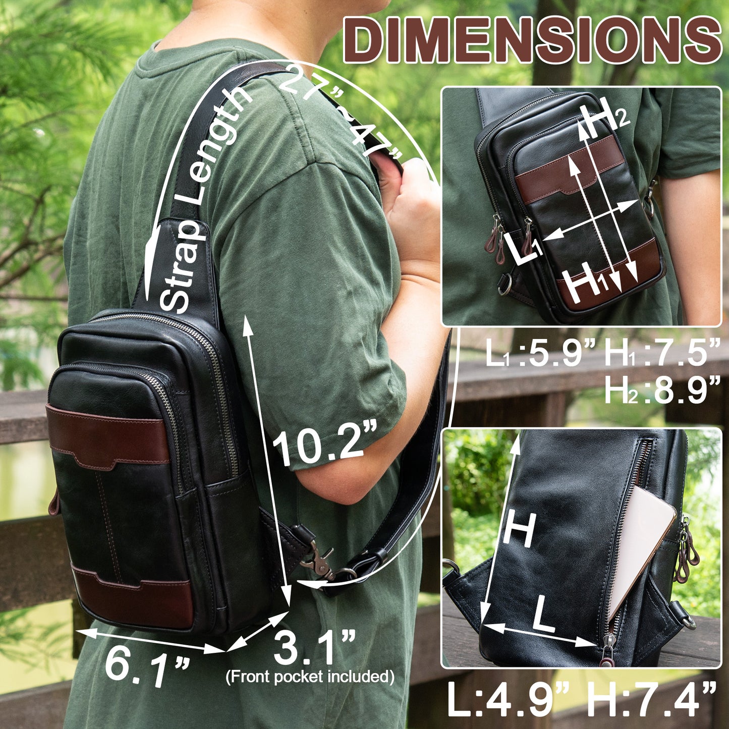 Genuine Leather Sling Bag for Men and Women Crossbody Shoulder Bag Side Sling Backpack Chest Purse Cross Body Casual Daypack - 30195