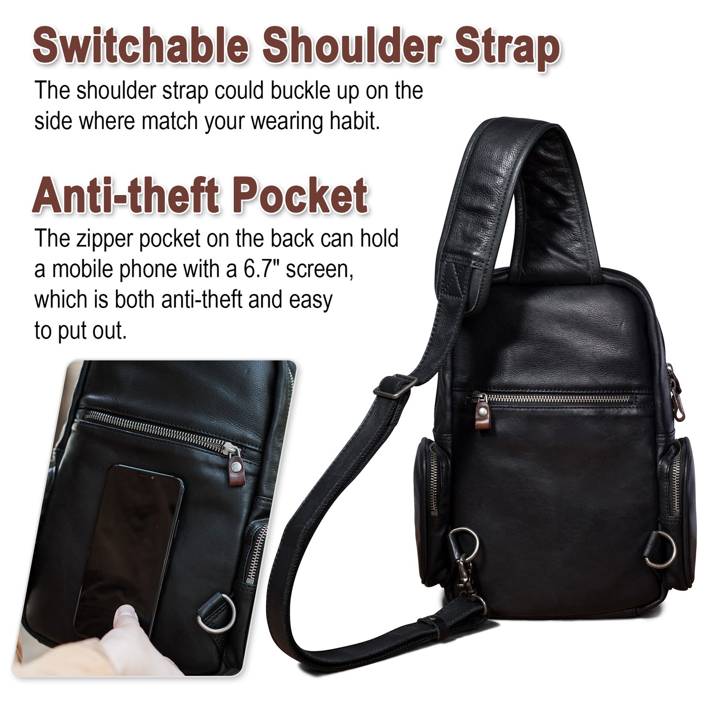 CENUNCO Genuine Leather Sling Bag for Men Large Crossbody Shoulder Bag Casual Sling Backpack Anti-Theft Travel Chest Purse - 30187