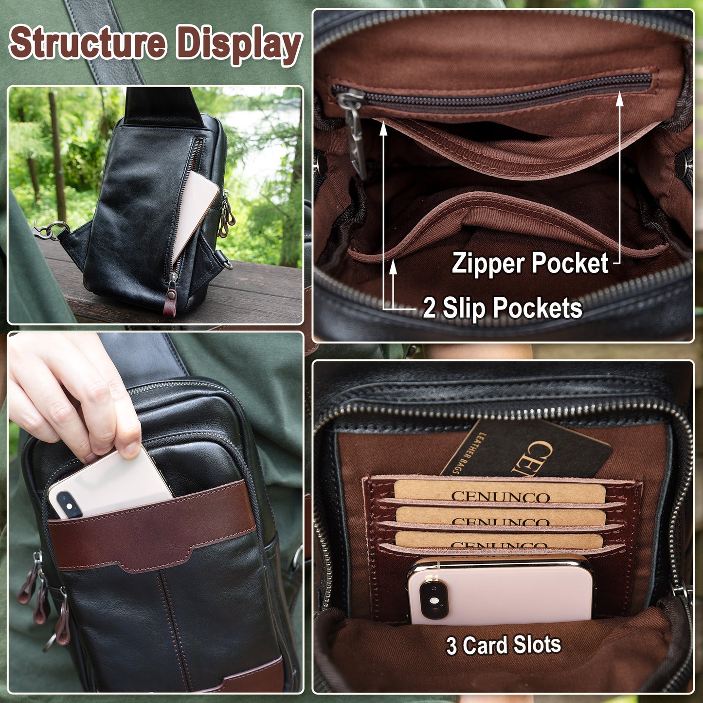 Genuine Leather Sling Bag for Men and Women Crossbody Shoulder Bag Side Sling Backpack Chest Purse Cross Body Casual Daypack - 30195