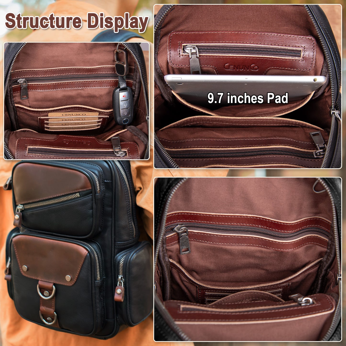 CENUNCO Genuine Leather Sling Bag for Men Large Crossbody Shoulder Bag Casual Sling Backpack Anti-Theft Travel Chest Purse - 30187