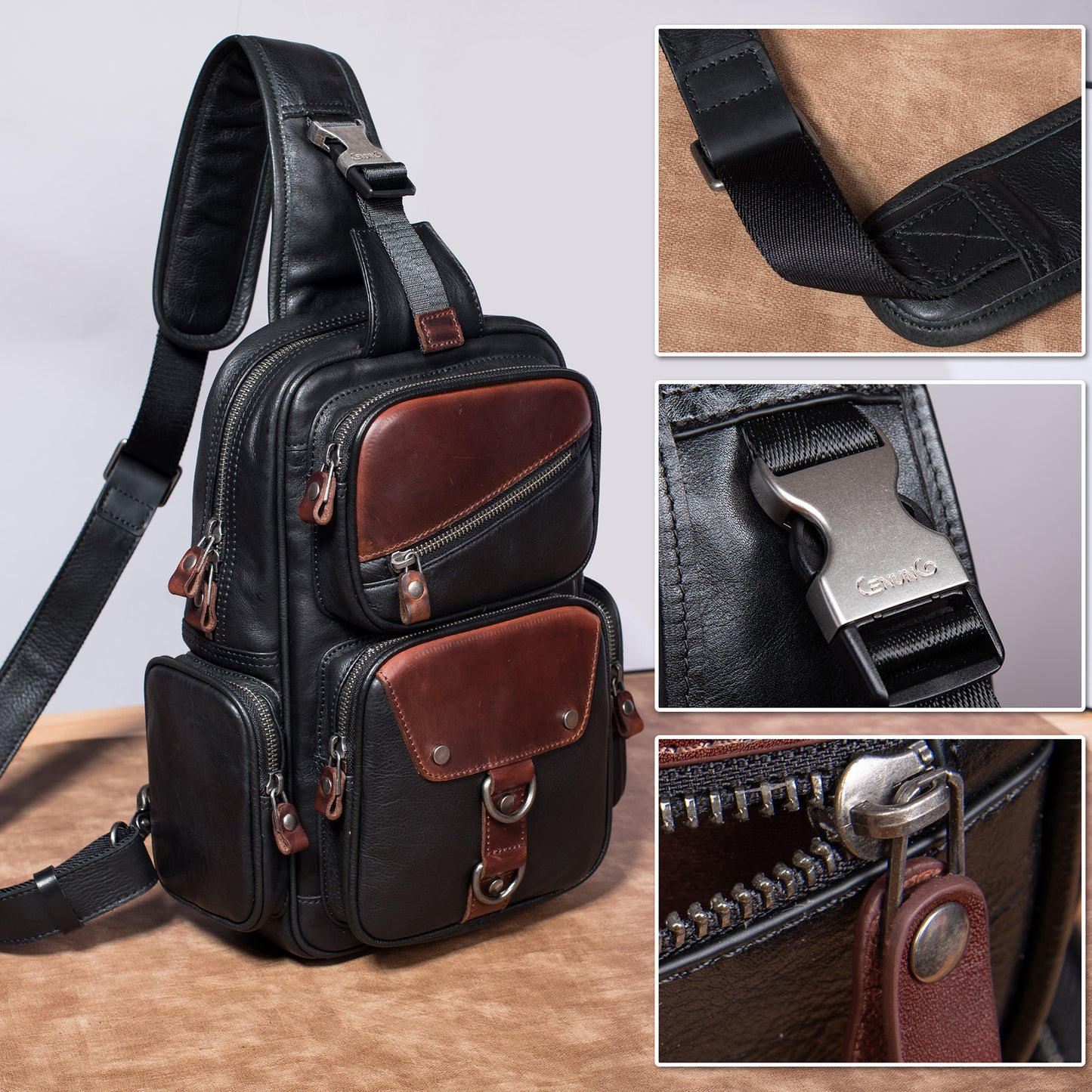 CENUNCO Genuine Leather Sling Bag for Men Large Crossbody Shoulder Bag Casual Sling Backpack Anti-Theft Travel Chest Purse - 30187