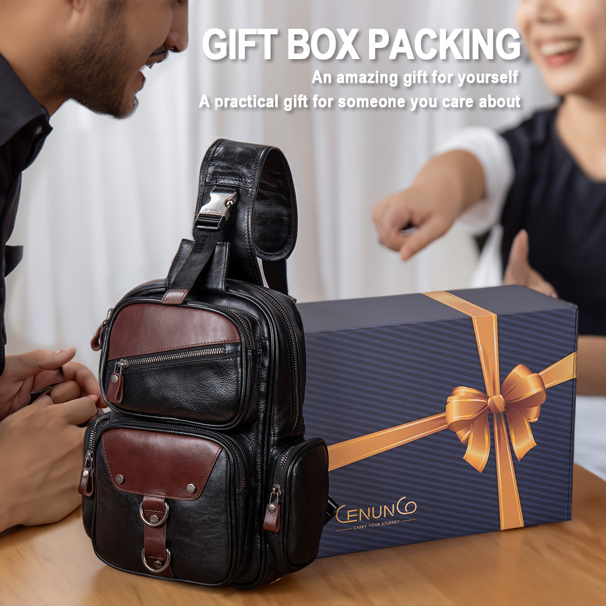 CENUNCO Genuine Leather Sling Bag for Men Large Crossbody Shoulder Bag Casual Sling Backpack Anti-Theft Travel Chest Purse - 30187