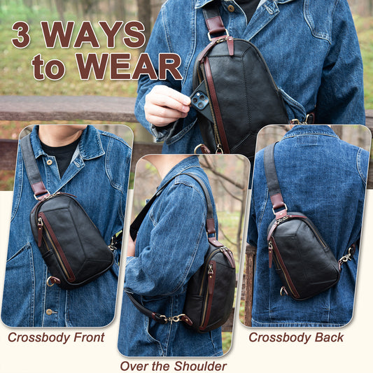 Genuine Leather Sling Bag for Men and Women Crossbody Shoulder Bag Sling Backpack Chest Purse Carry on Daypack - 30168