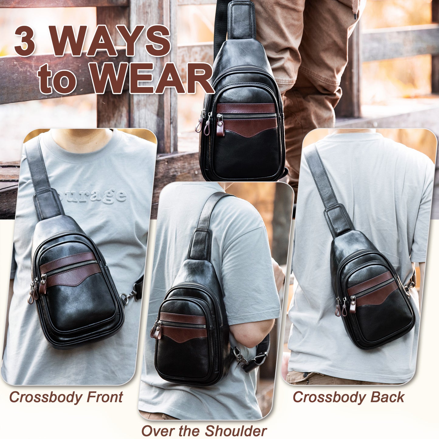 CENUNCO Genuine Leather Sling Bag for Men and Women Crossbody Shoulder Bag Sling Backpack Chest Purse Carry on Casual Daypack - 30179