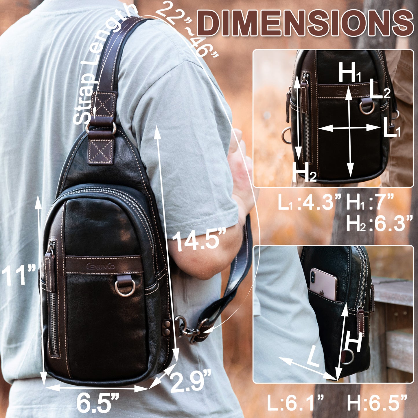 Geniune Leather Sling Bag for Men Women Crossbody Shoulder Bag Sling Backpack Chest Purse Fanny Bag - 30191