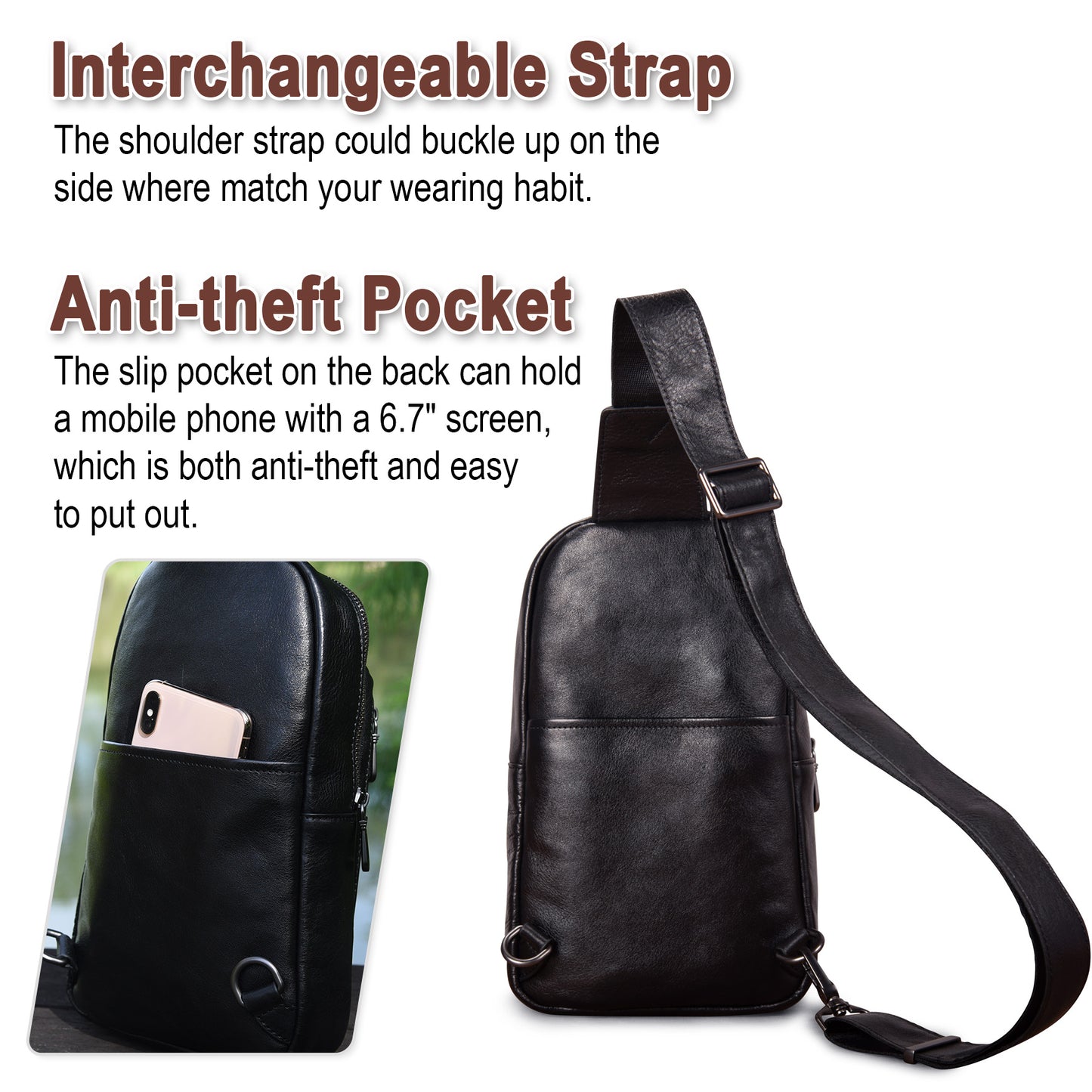 Genuine Leather Sling Bag for Men and Women Crossbody Shoulder Purse Chest Sling Backpack Carry on Casual Daypack - 30196