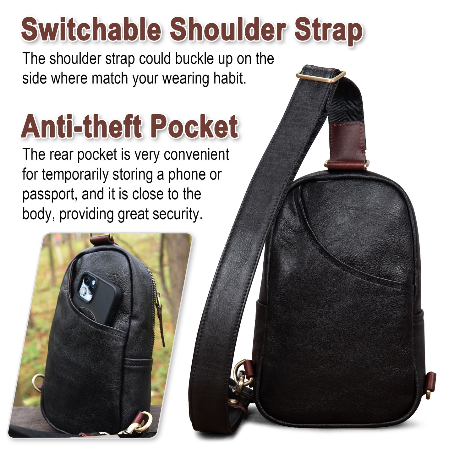 Genuine Leather Sling Bag for Men and Women Crossbody Shoulder Bag Sling Backpack Chest Purse Carry on Daypack - 30168