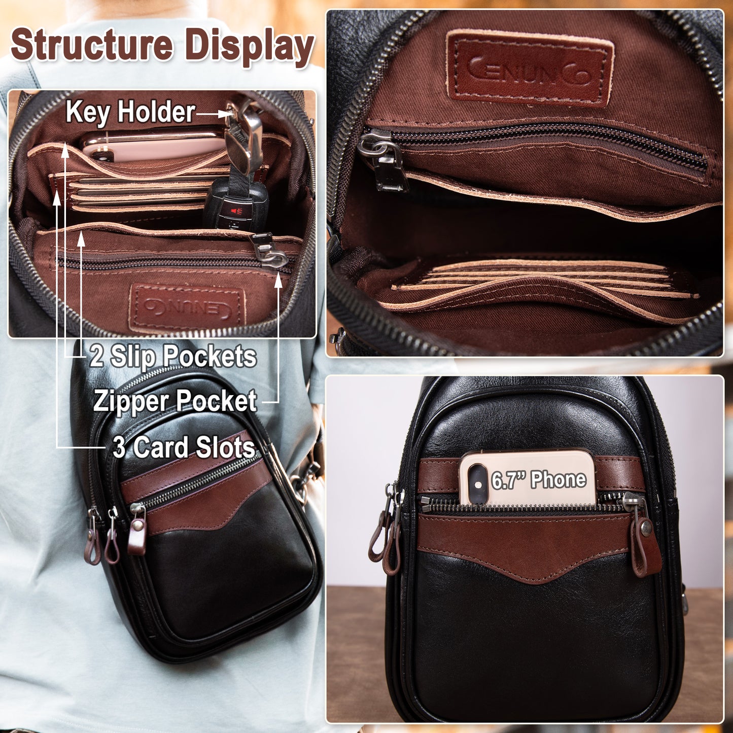 CENUNCO Genuine Leather Sling Bag for Men and Women Crossbody Shoulder Bag Sling Backpack Chest Purse Carry on Casual Daypack - 30179