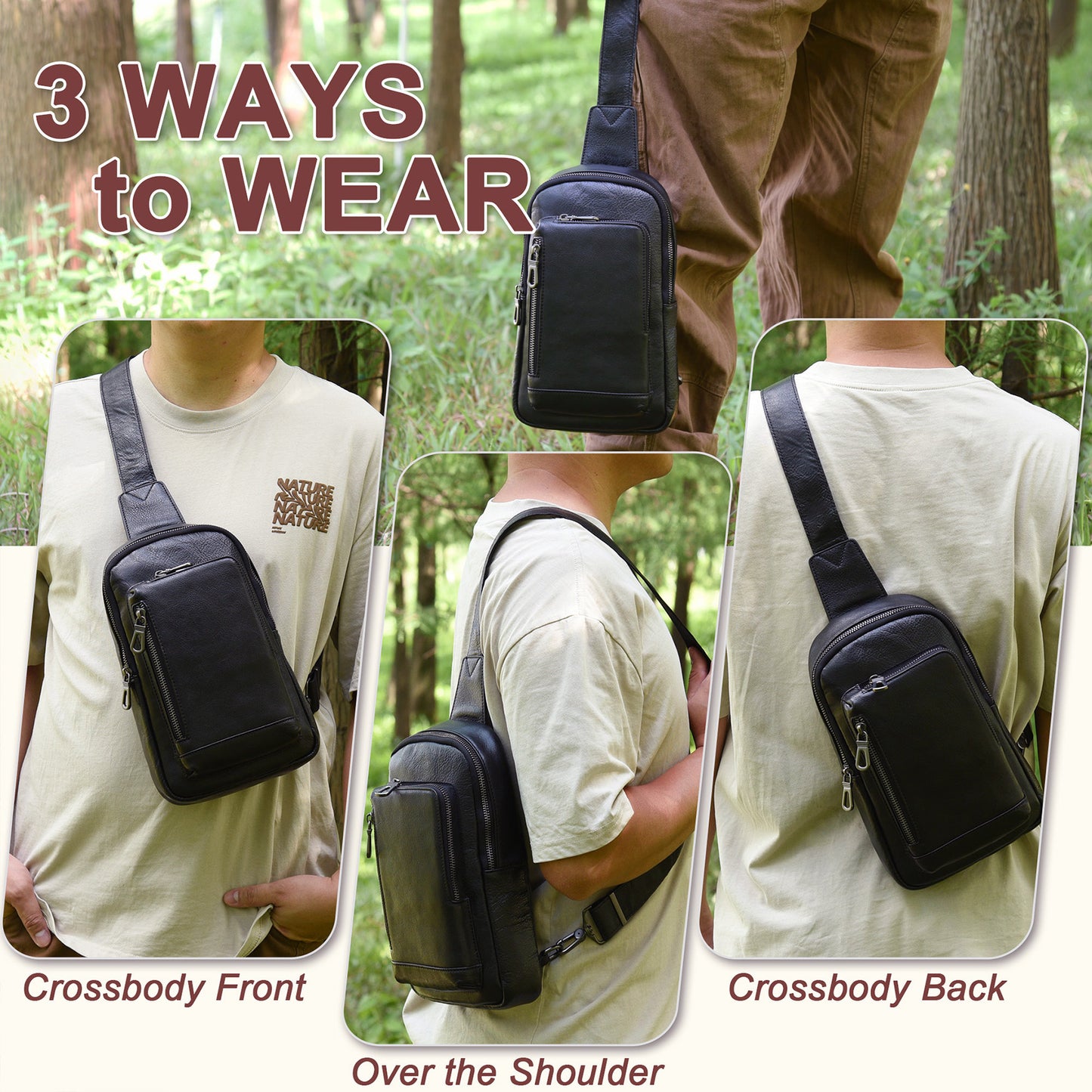 Genuine Leather Sling Bag for Men and Women Crossbody Shoulder Purse Chest Sling Backpack Carry on Casual Daypack - 30196