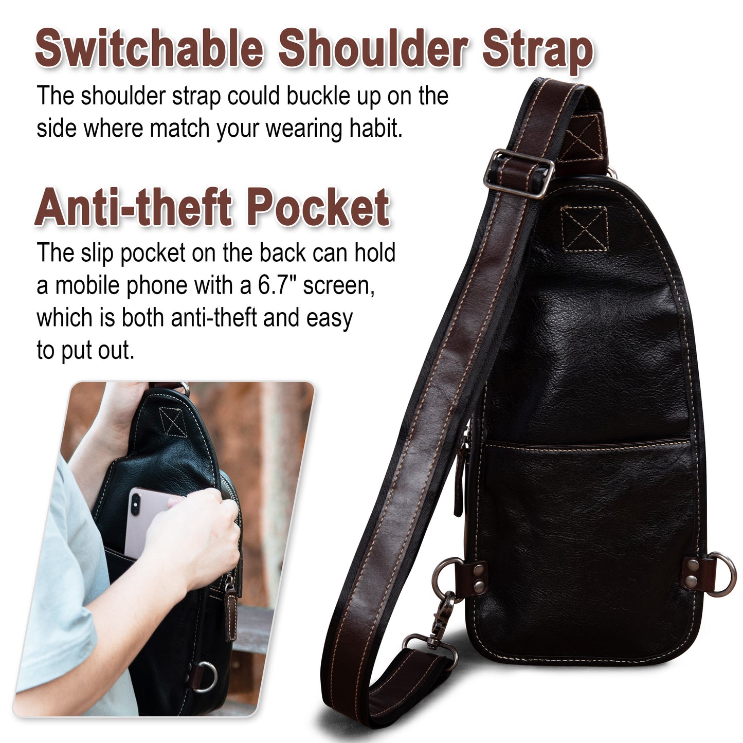 Geniune Leather Sling Bag for Men Women Crossbody Shoulder Bag Sling Backpack Chest Purse Fanny Bag - 30191