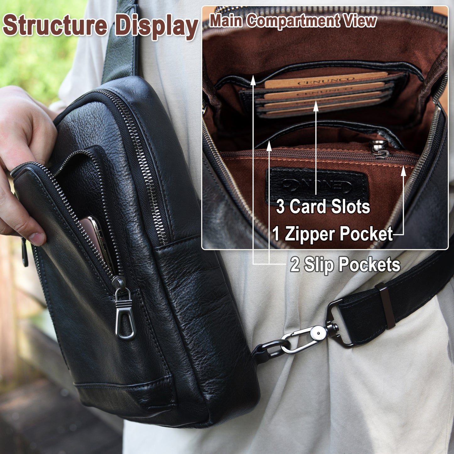 Genuine Leather Sling Bag for Men and Women Crossbody Shoulder Purse Chest Sling Backpack Carry on Casual Daypack - 30196