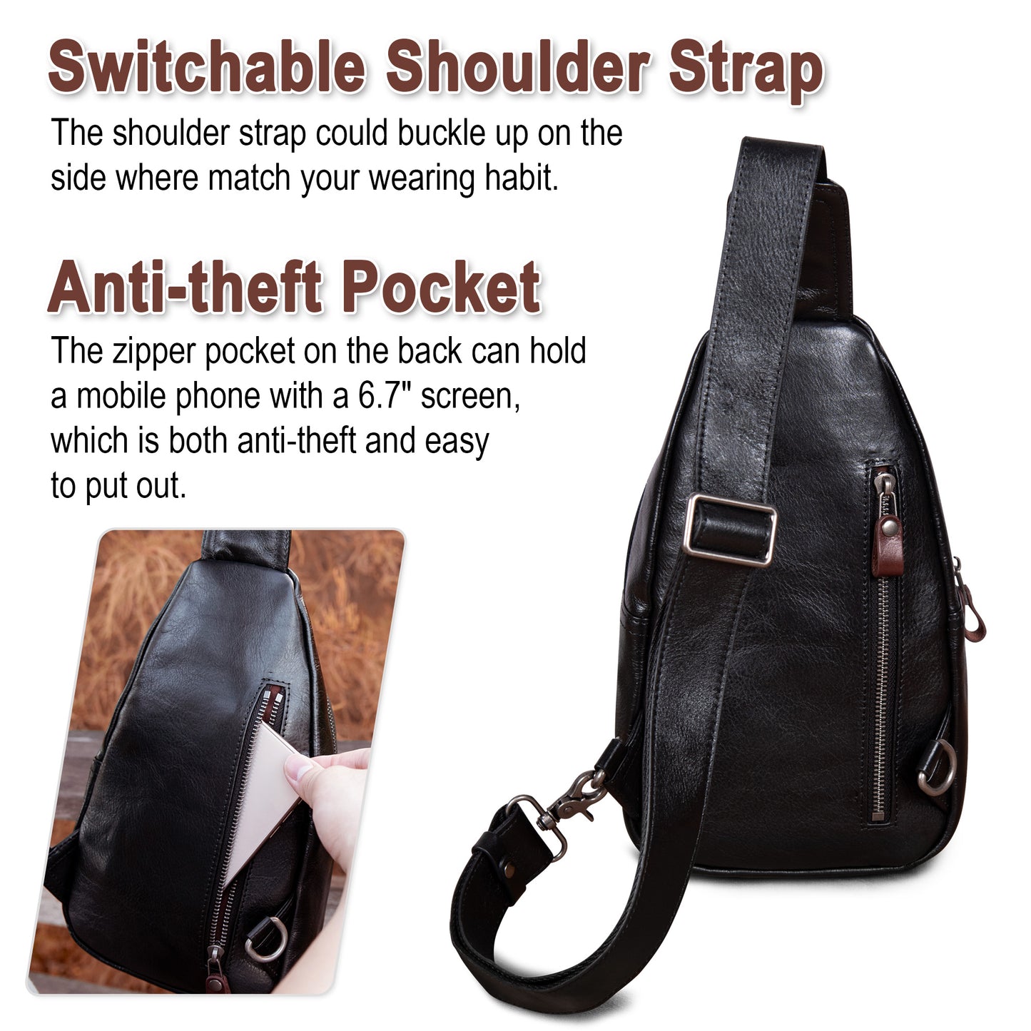 CENUNCO Genuine Leather Sling Bag for Men and Women Crossbody Shoulder Bag Sling Backpack Chest Purse Carry on Casual Daypack - 30179