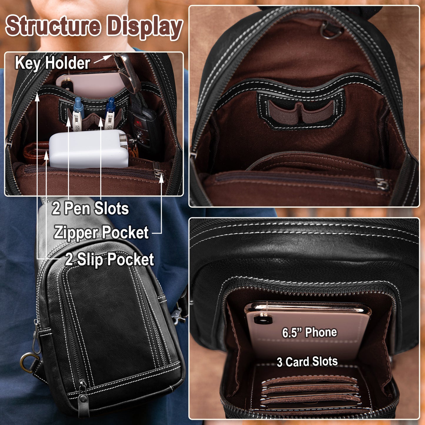 Genuine Leather Sling Bag for Men and Women Crossbody Shoulder Bag Sling Backpack Chest Purse Cross Body Pouch - 30192