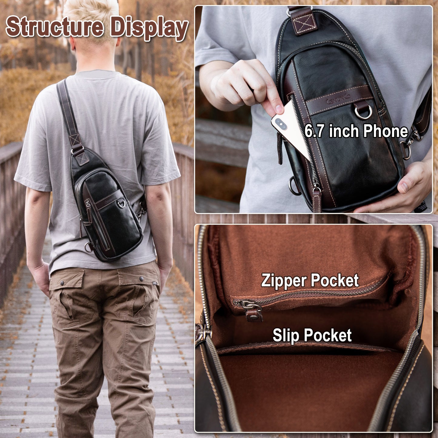 Geniune Leather Sling Bag for Men Women Crossbody Shoulder Bag Sling Backpack Chest Purse Fanny Bag - 30191