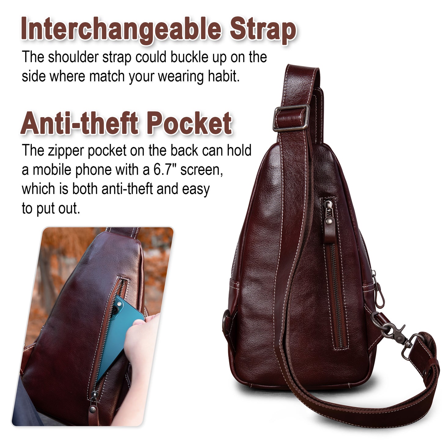 Genuine Leather Sling Bag for Men and Women Crossbody Shoulder Bag Sling Backpack Chest Purse Cross Body Pouch - 30192