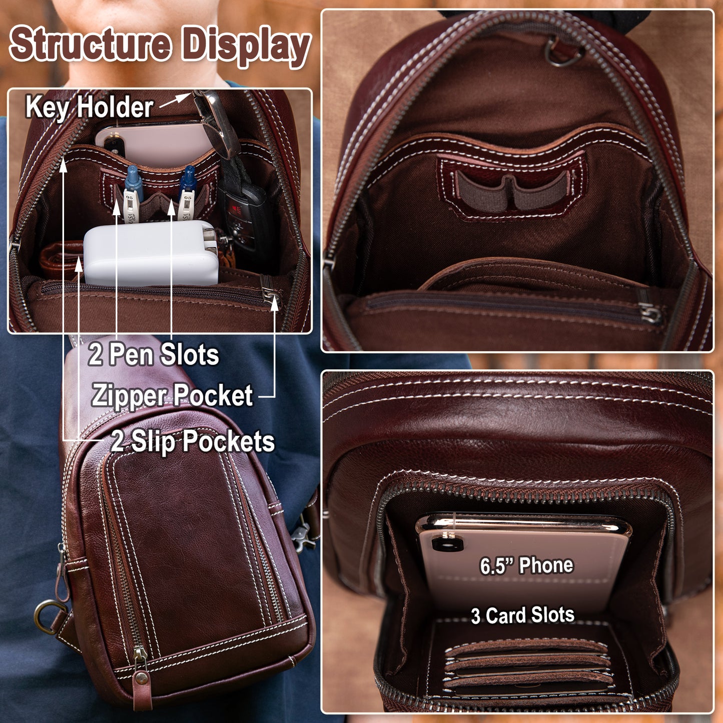 Genuine Leather Sling Bag for Men and Women Crossbody Shoulder Bag Sling Backpack Chest Purse Cross Body Pouch - 30192