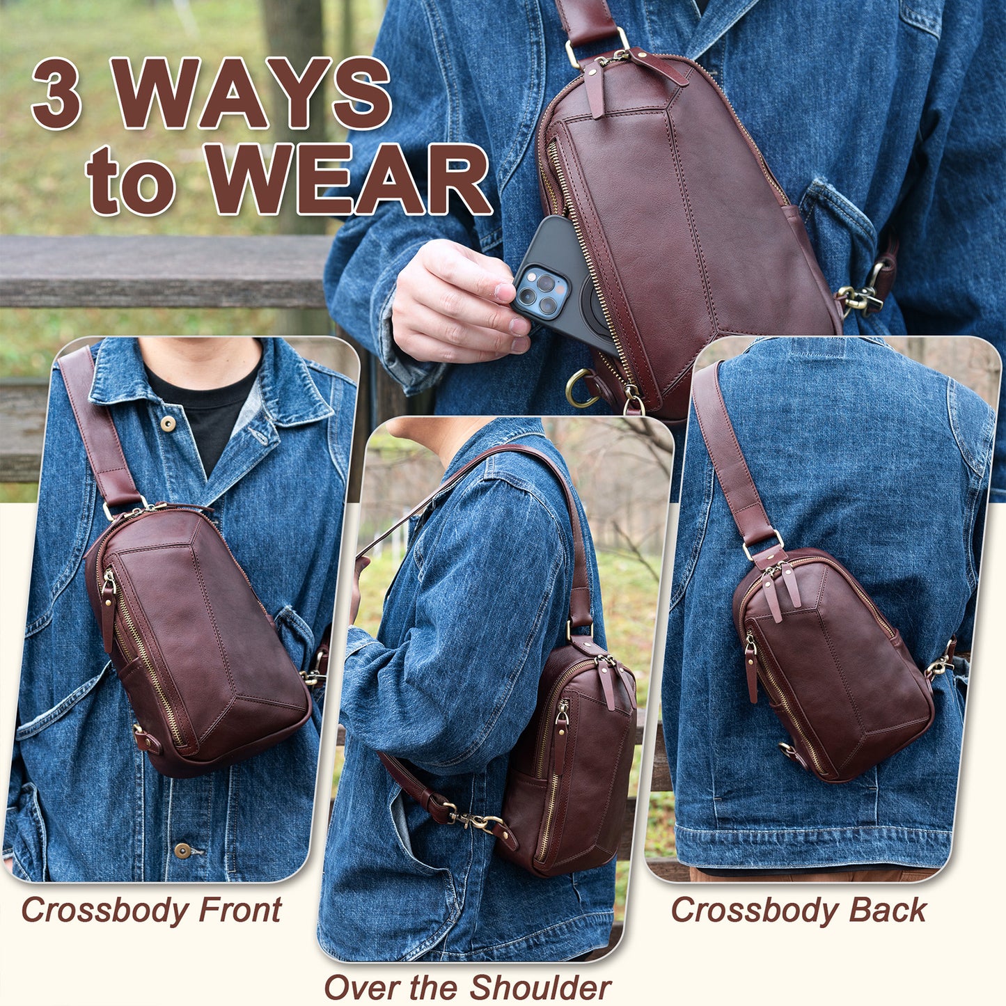 Genuine Leather Sling Bag for Men and Women Crossbody Shoulder Bag Sling Backpack Chest Purse Carry on Daypack - 30168