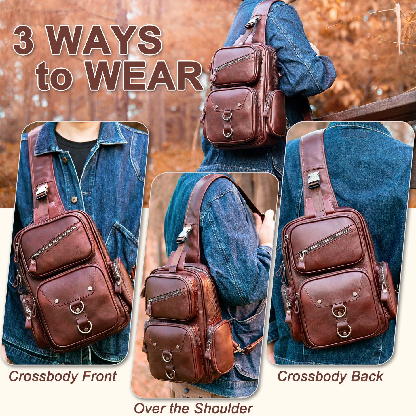 CENUNCO Genuine Leather Sling Bag for Men Large Crossbody Shoulder Bag Casual Sling Backpack Anti-Theft Travel Chest Purse - 30187