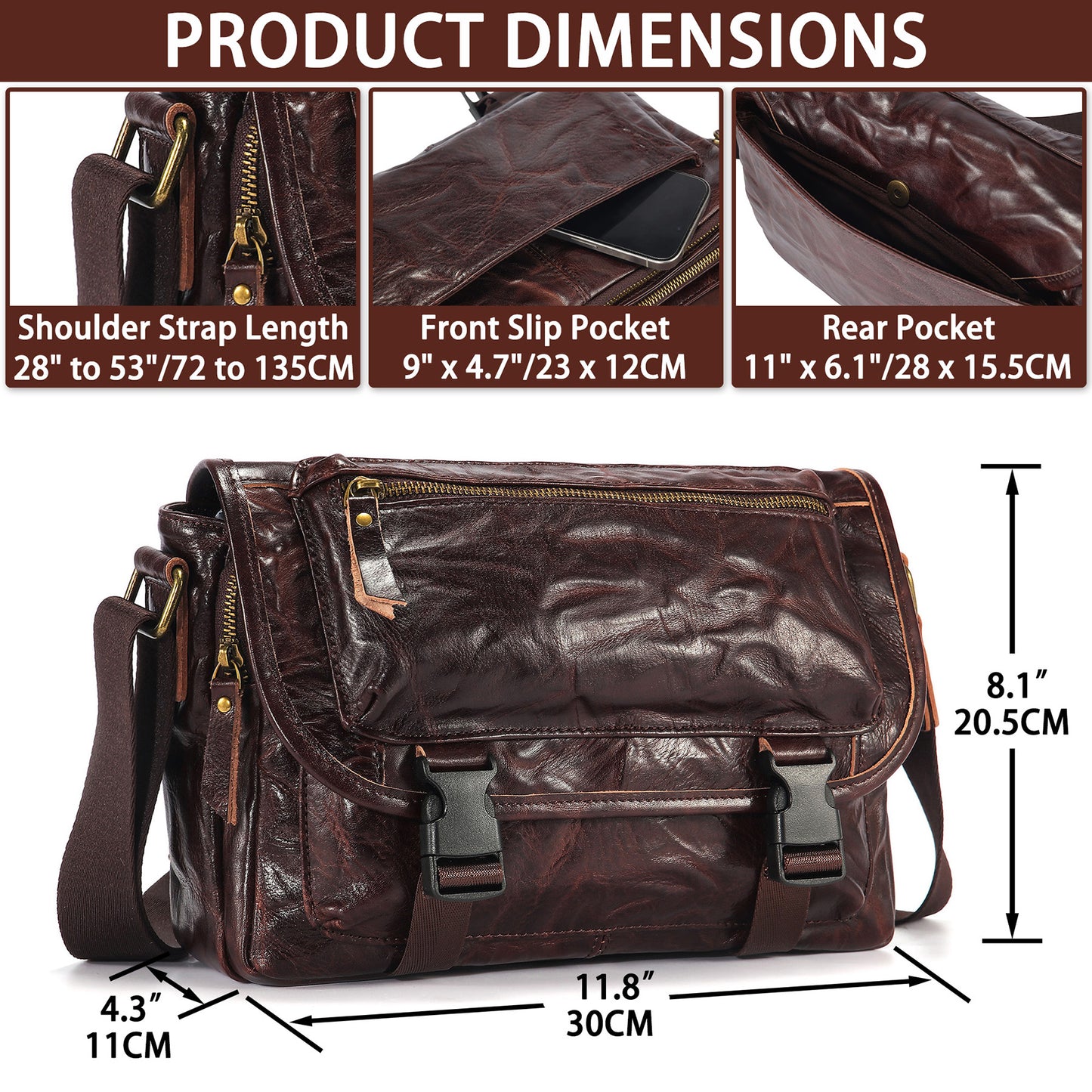 Genuine Leather Messenger Bag Purse for Men Real Leather Crossbody Shoulder Bags Sling Pouch Pack Satchel - 7910H