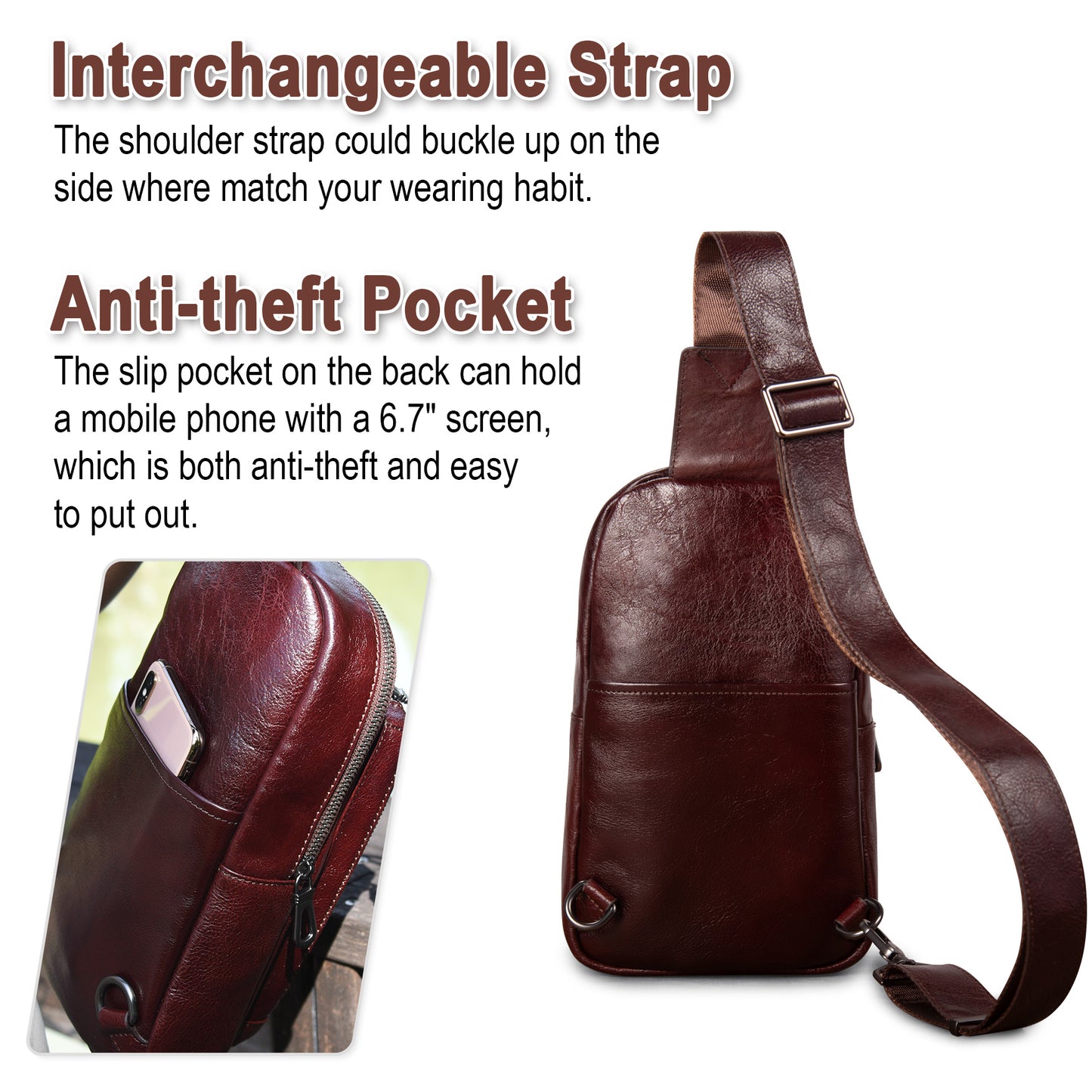 Genuine Leather Sling Bag for Men and Women Crossbody Shoulder Purse Chest Sling Backpack Carry on Casual Daypack - 30196