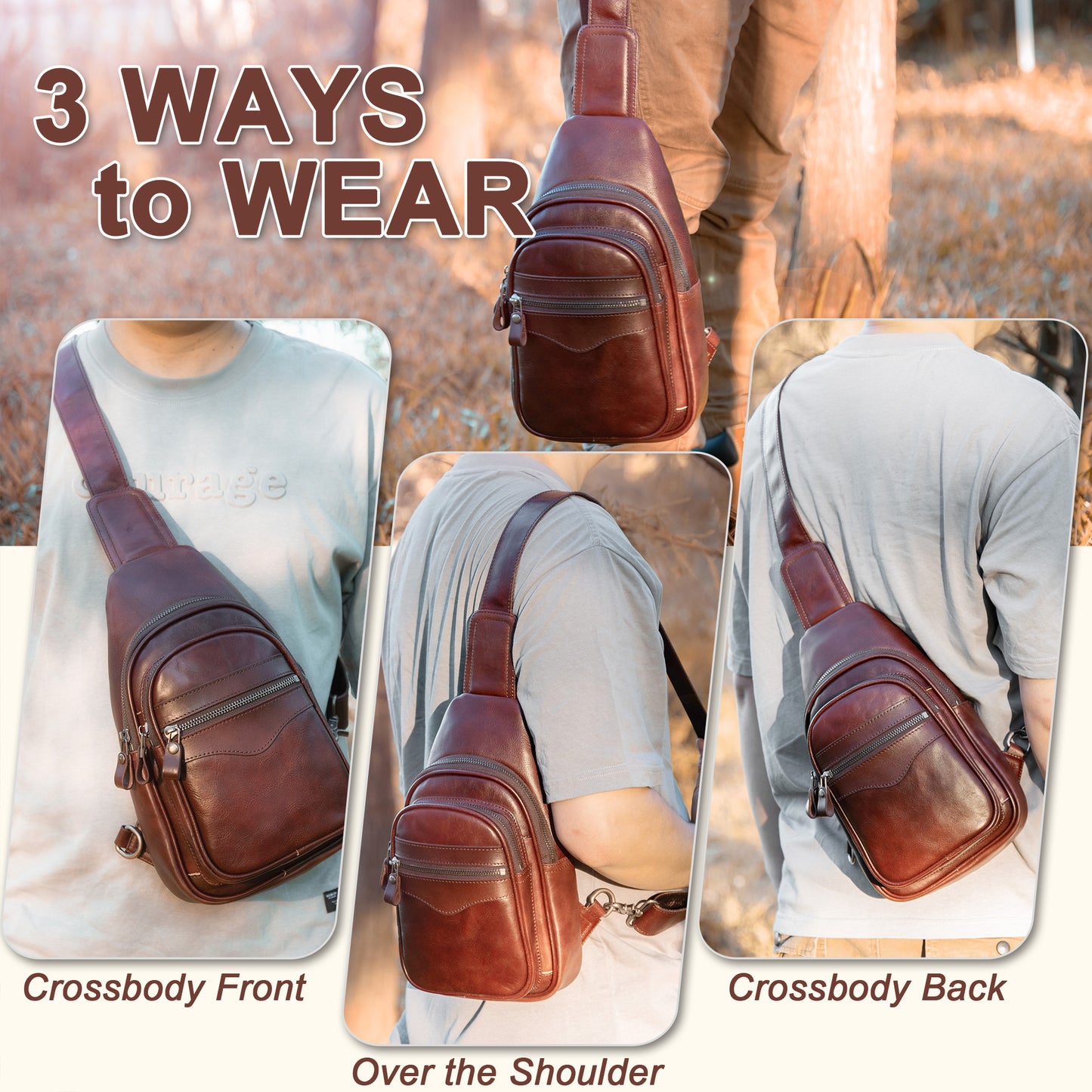 CENUNCO Genuine Leather Sling Bag for Men and Women Crossbody Shoulder Bag Sling Backpack Chest Purse Carry on Casual Daypack - 30179