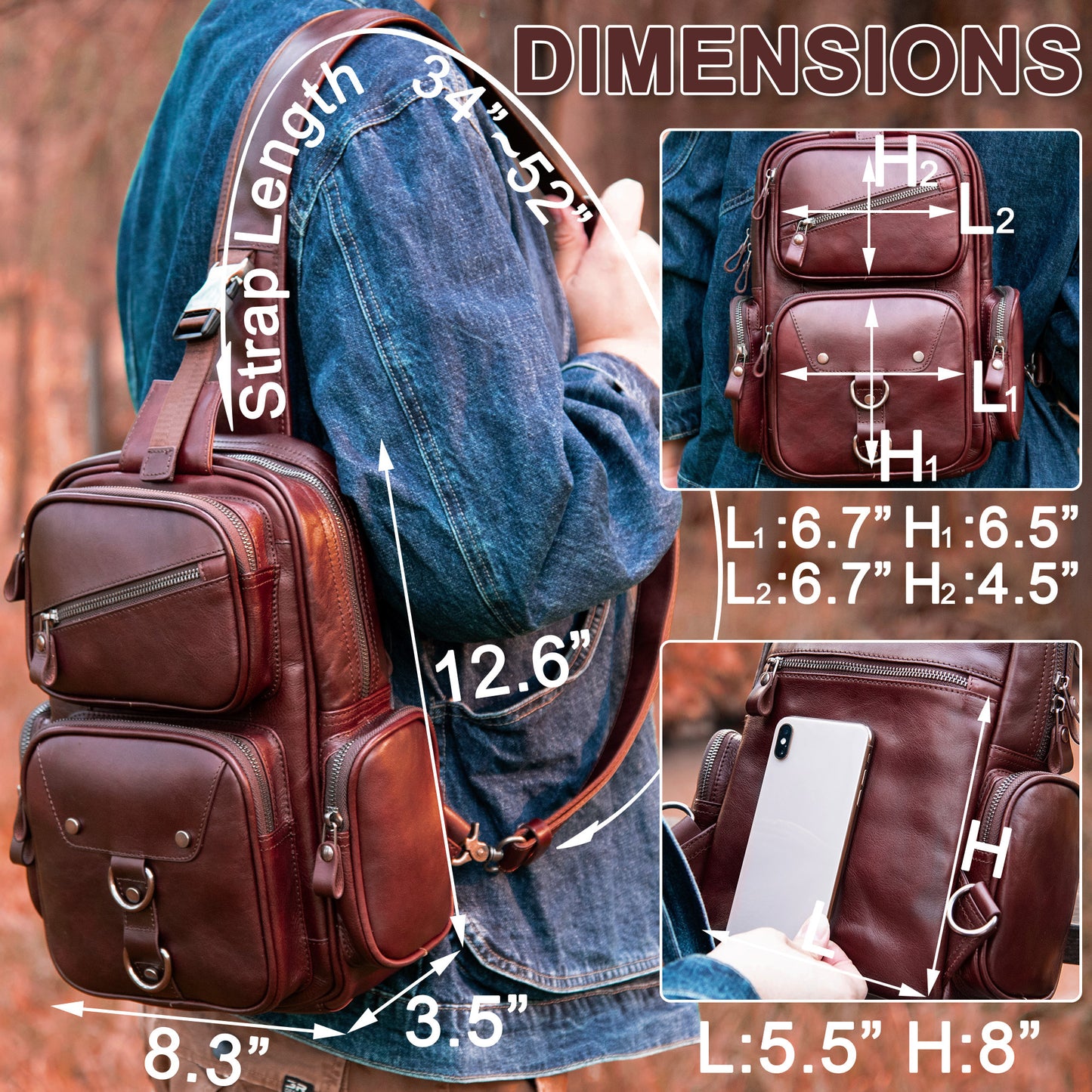 CENUNCO Genuine Leather Sling Bag for Men Large Crossbody Shoulder Bag Casual Sling Backpack Anti-Theft Travel Chest Purse - 30187