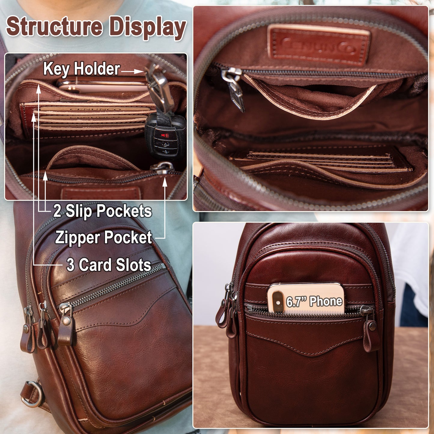 CENUNCO Genuine Leather Sling Bag for Men and Women Crossbody Shoulder Bag Sling Backpack Chest Purse Carry on Casual Daypack - 30179