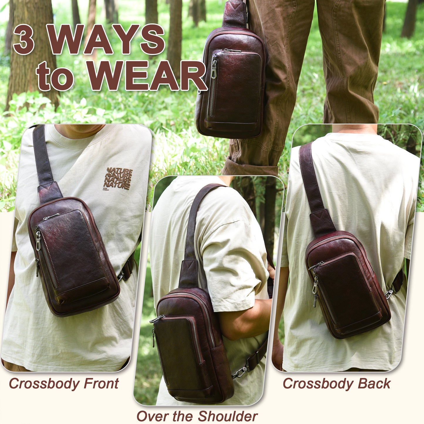 Genuine Leather Sling Bag for Men and Women Crossbody Shoulder Purse Chest Sling Backpack Carry on Casual Daypack - 30196