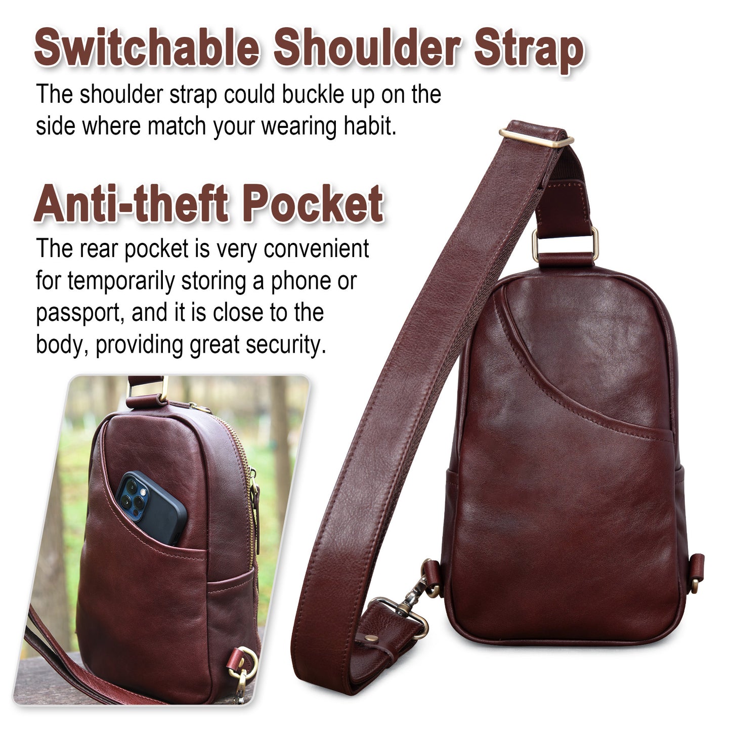 Genuine Leather Sling Bag for Men and Women Crossbody Shoulder Bag Sling Backpack Chest Purse Carry on Daypack - 30168