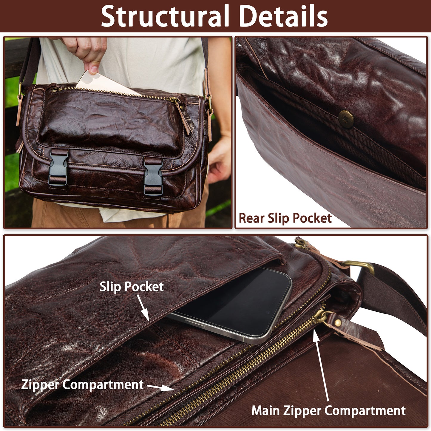 Genuine Leather Messenger Bag Purse for Men Real Leather Crossbody Shoulder Bags Sling Pouch Pack Satchel - 7910H