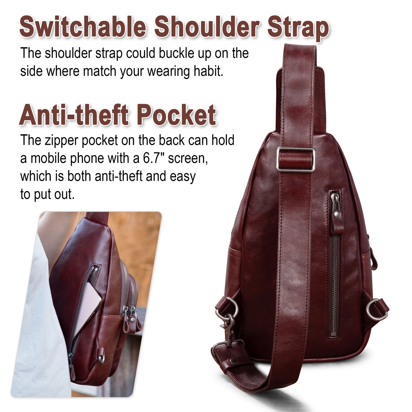 CENUNCO Genuine Leather Sling Bag for Men and Women Crossbody Shoulder Bag Sling Backpack Chest Purse Carry on Casual Daypack - 30179