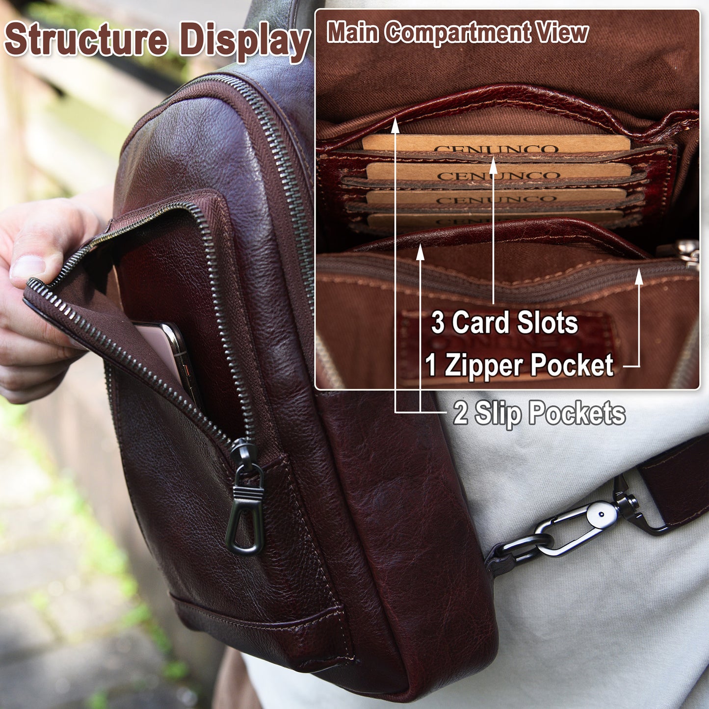 Genuine Leather Sling Bag for Men and Women Crossbody Shoulder Purse Chest Sling Backpack Carry on Casual Daypack - 30196