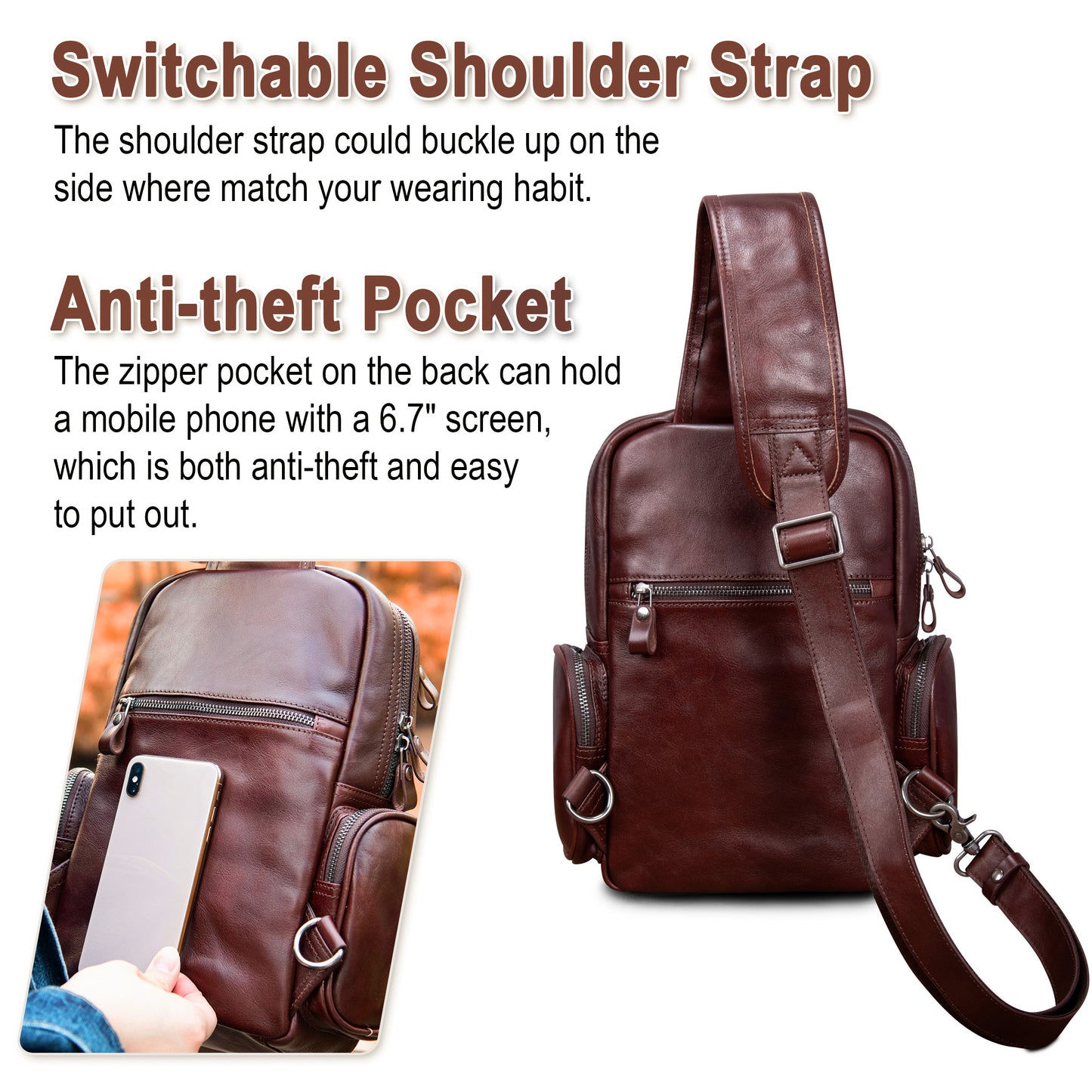 CENUNCO Genuine Leather Sling Bag for Men Large Crossbody Shoulder Bag Casual Sling Backpack Anti-Theft Travel Chest Purse - 30187