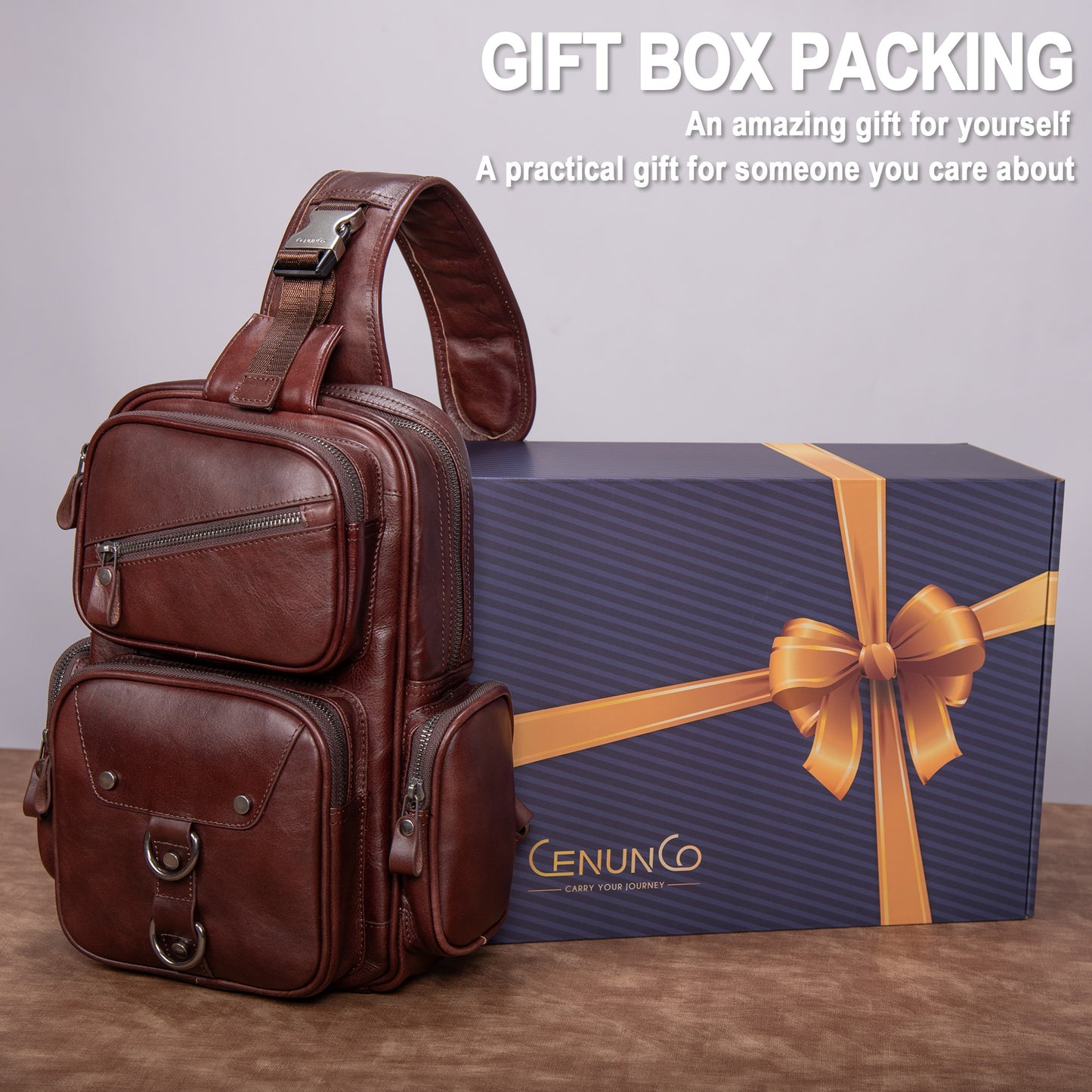 CENUNCO Genuine Leather Sling Bag for Men Large Crossbody Shoulder Bag Casual Sling Backpack Anti-Theft Travel Chest Purse - 30187