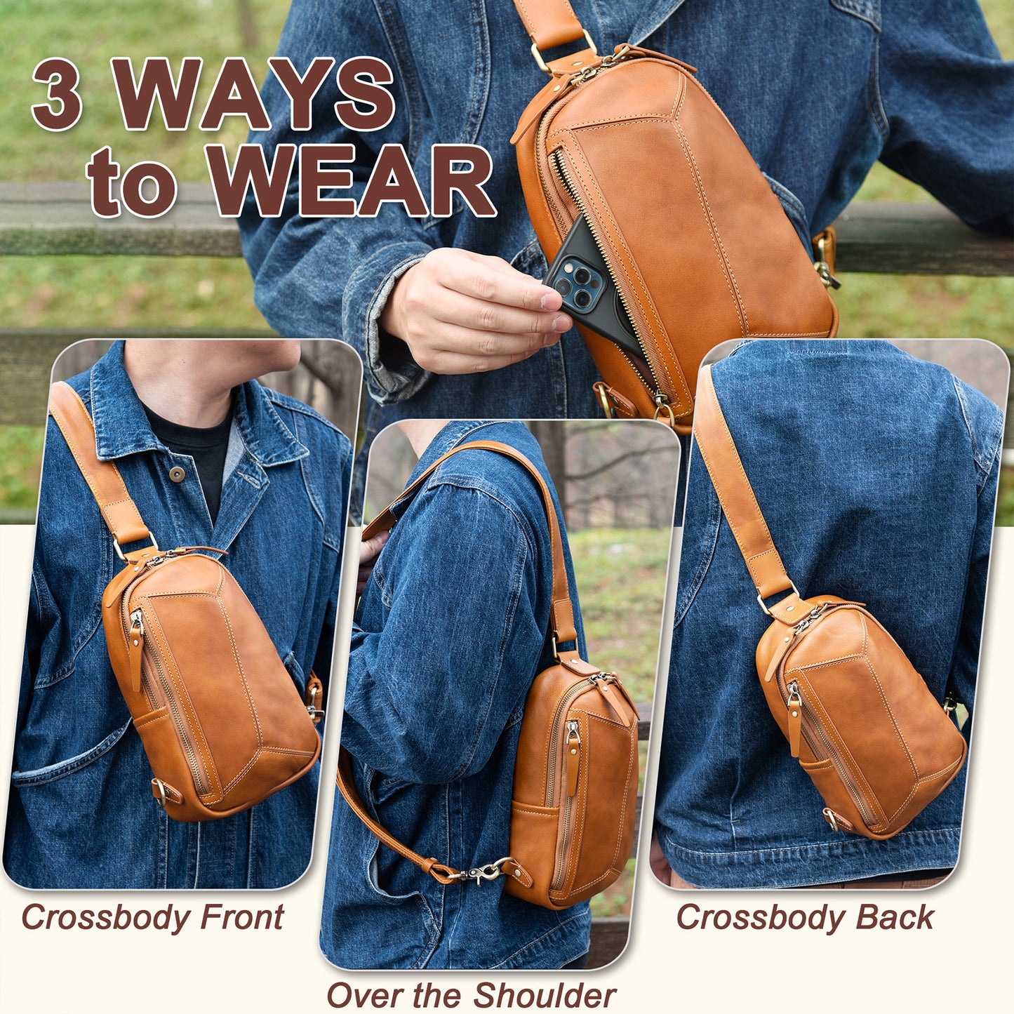 Genuine Leather Sling Bag for Men and Women Crossbody Shoulder Bag Sling Backpack Chest Purse Carry on Daypack - 30168