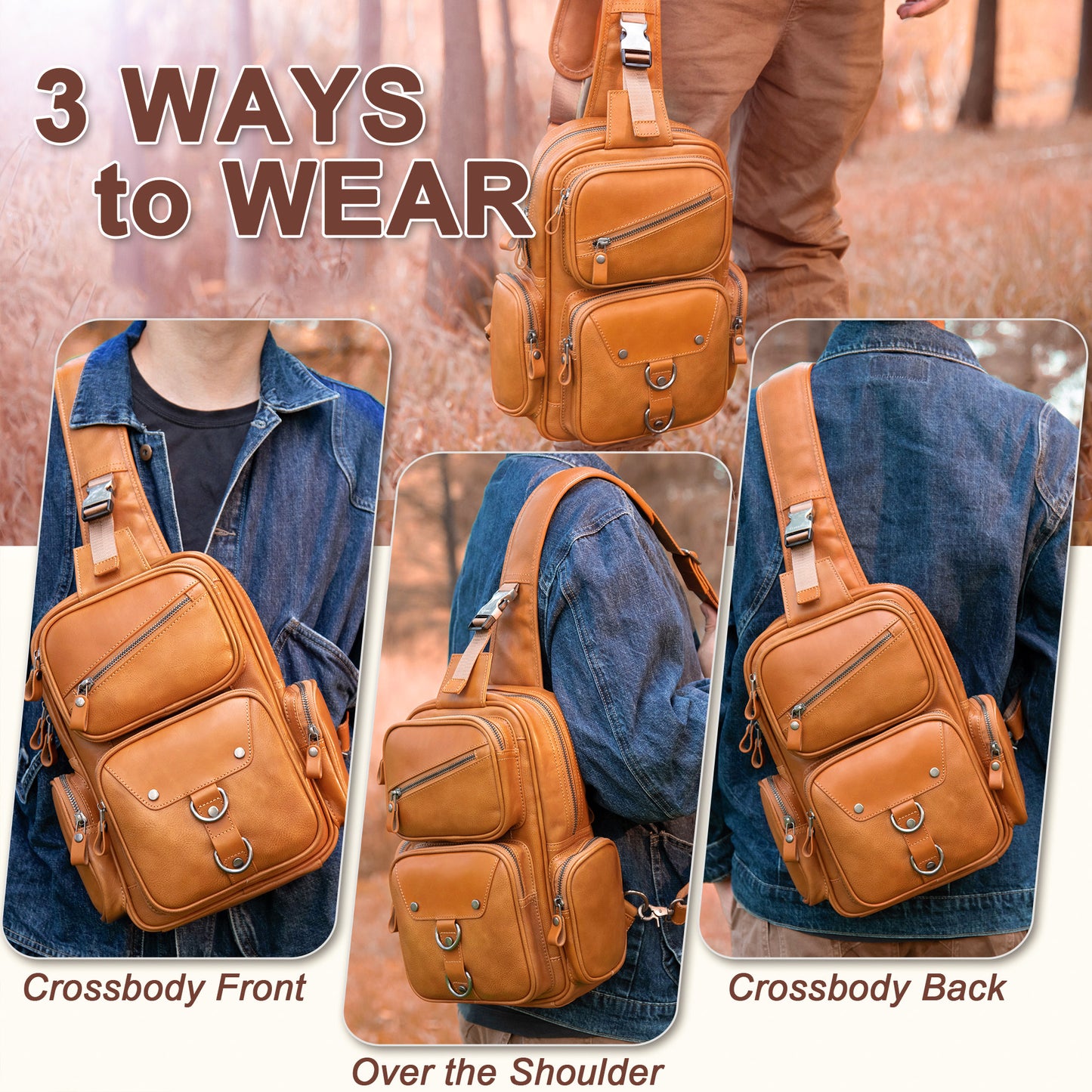 CENUNCO Genuine Leather Sling Bag for Men Large Crossbody Shoulder Bag Casual Sling Backpack Anti-Theft Travel Chest Purse - 30187