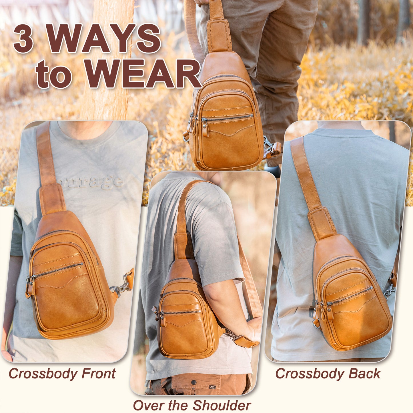 CENUNCO Genuine Leather Sling Bag for Men and Women Crossbody Shoulder Bag Sling Backpack Chest Purse Carry on Casual Daypack - 30179