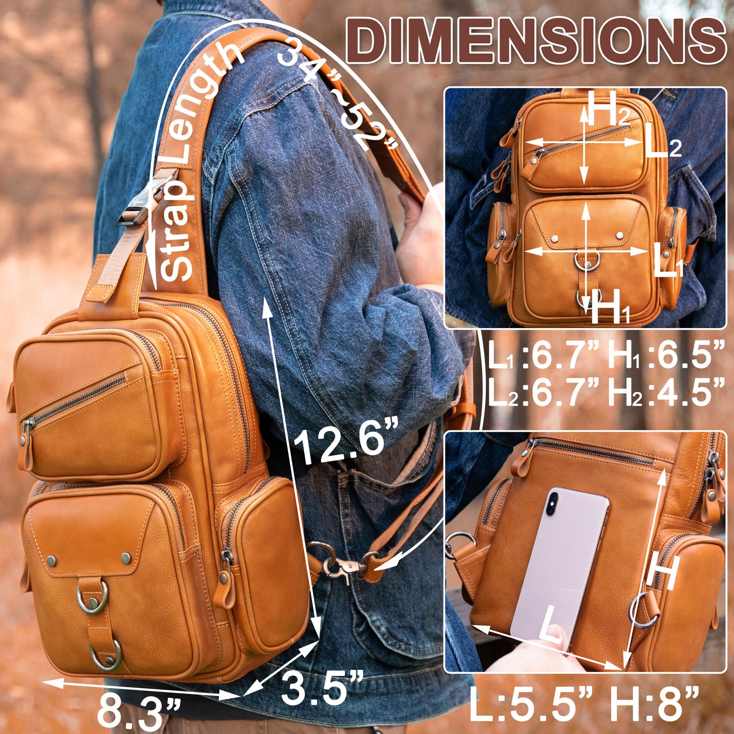 CENUNCO Genuine Leather Sling Bag for Men Large Crossbody Shoulder Bag Casual Sling Backpack Anti-Theft Travel Chest Purse - 30187