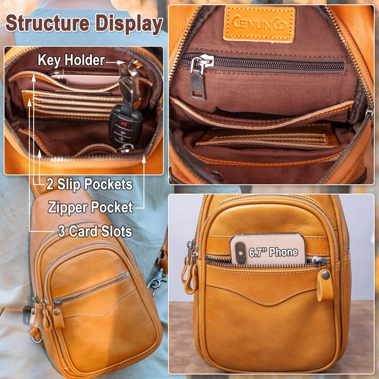 CENUNCO Genuine Leather Sling Bag for Men and Women Crossbody Shoulder Bag Sling Backpack Chest Purse Carry on Casual Daypack - 30179