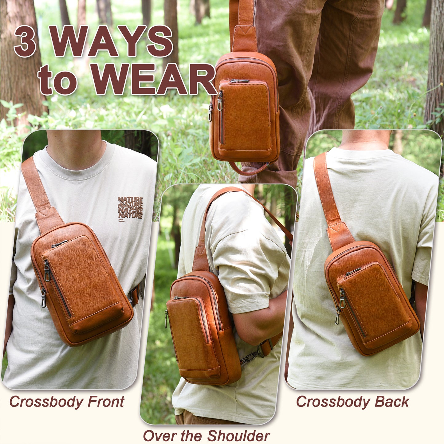 Genuine Leather Sling Bag for Men and Women Crossbody Shoulder Purse Chest Sling Backpack Carry on Casual Daypack - 30196