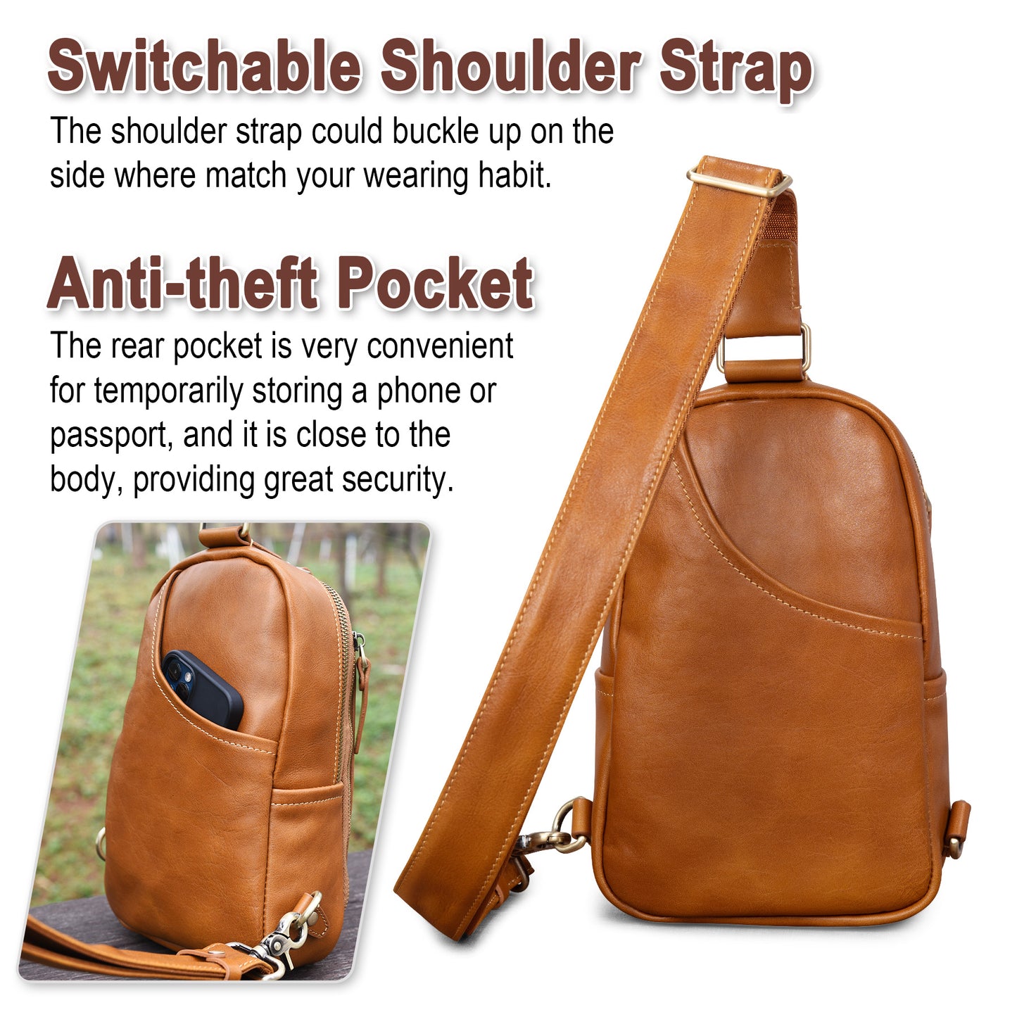 Genuine Leather Sling Bag for Men and Women Crossbody Shoulder Bag Sling Backpack Chest Purse Carry on Daypack - 30168