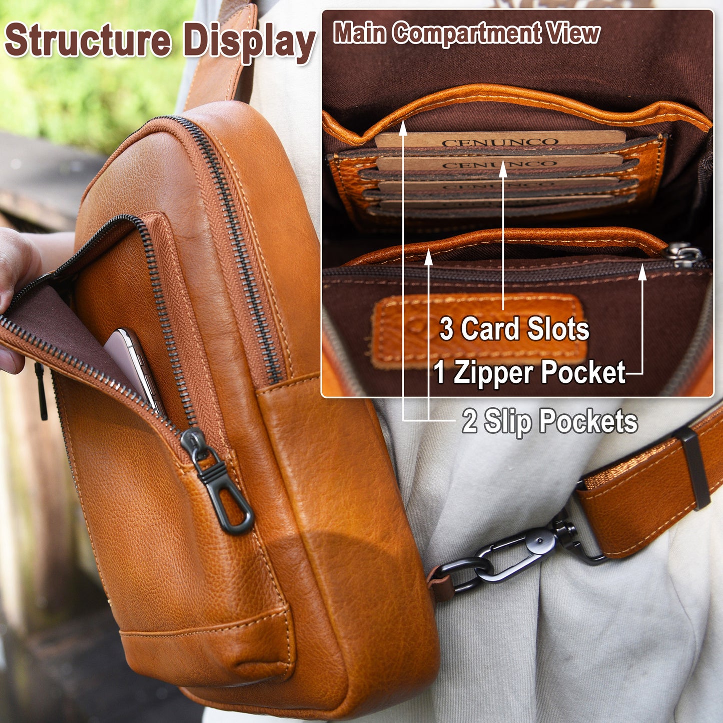 Genuine Leather Sling Bag for Men and Women Crossbody Shoulder Purse Chest Sling Backpack Carry on Casual Daypack - 30196