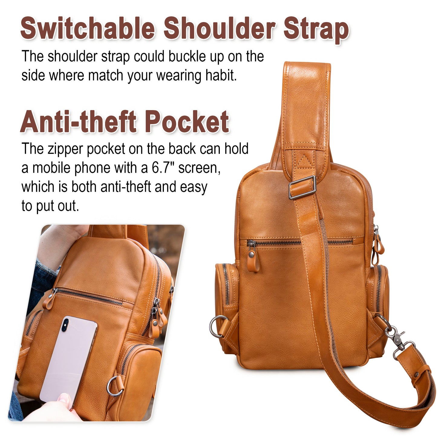 CENUNCO Genuine Leather Sling Bag for Men Large Crossbody Shoulder Bag Casual Sling Backpack Anti-Theft Travel Chest Purse - 30187