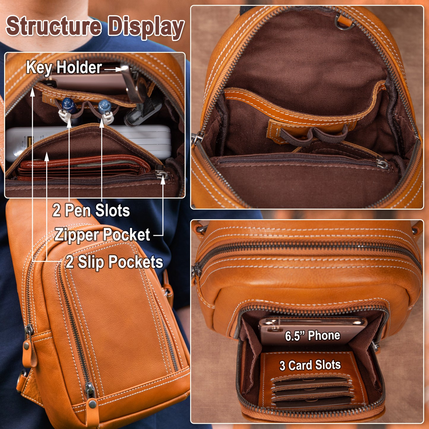 Genuine Leather Sling Bag for Men and Women Crossbody Shoulder Bag Sling Backpack Chest Purse Cross Body Pouch - 30192